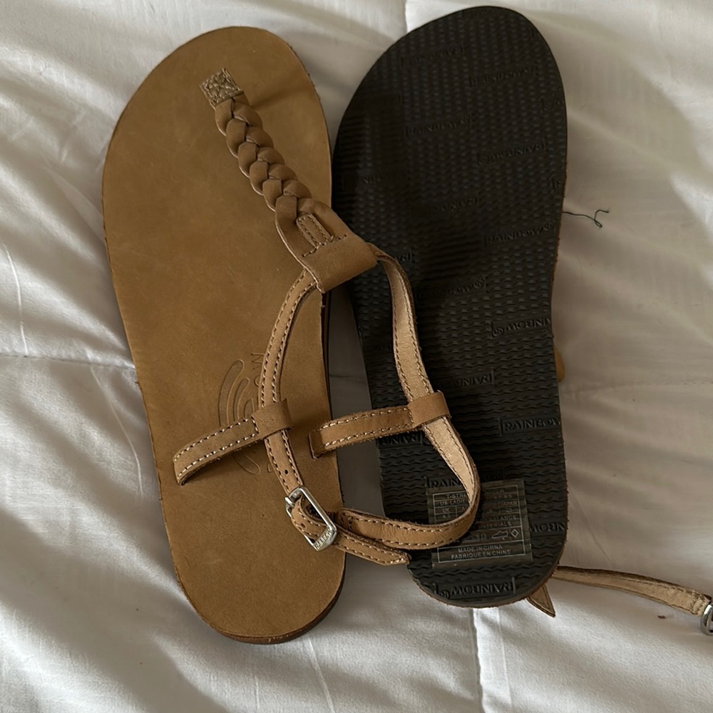 Rainbow Tan Sandals Minimalist T-Strap Design